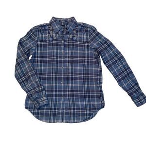 Chaps Blue Plaid Lightweight Long Sleeve Flannel Embroidery Women Petite Medium